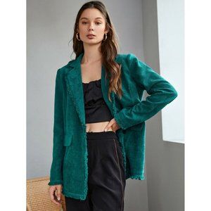 Shein Women's Blazer Size S Green Raw Edge Trim Oversized Corduroy Jacket